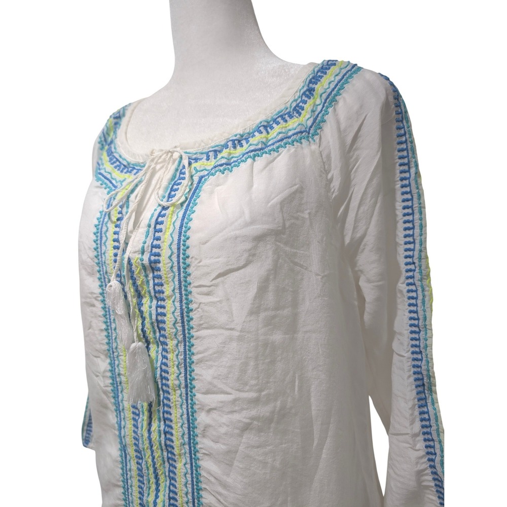Vineyard Vines White Embroidered Silk Cotton Tassel Boho Beach SummerTop S
